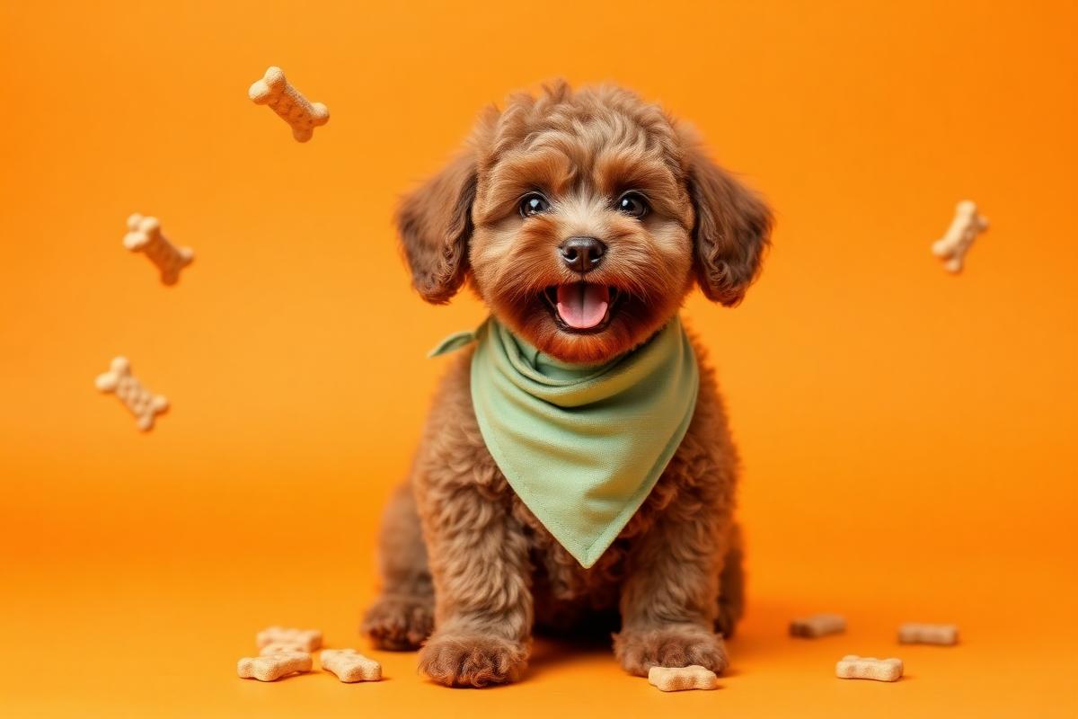 Happy poodle puppy with treats